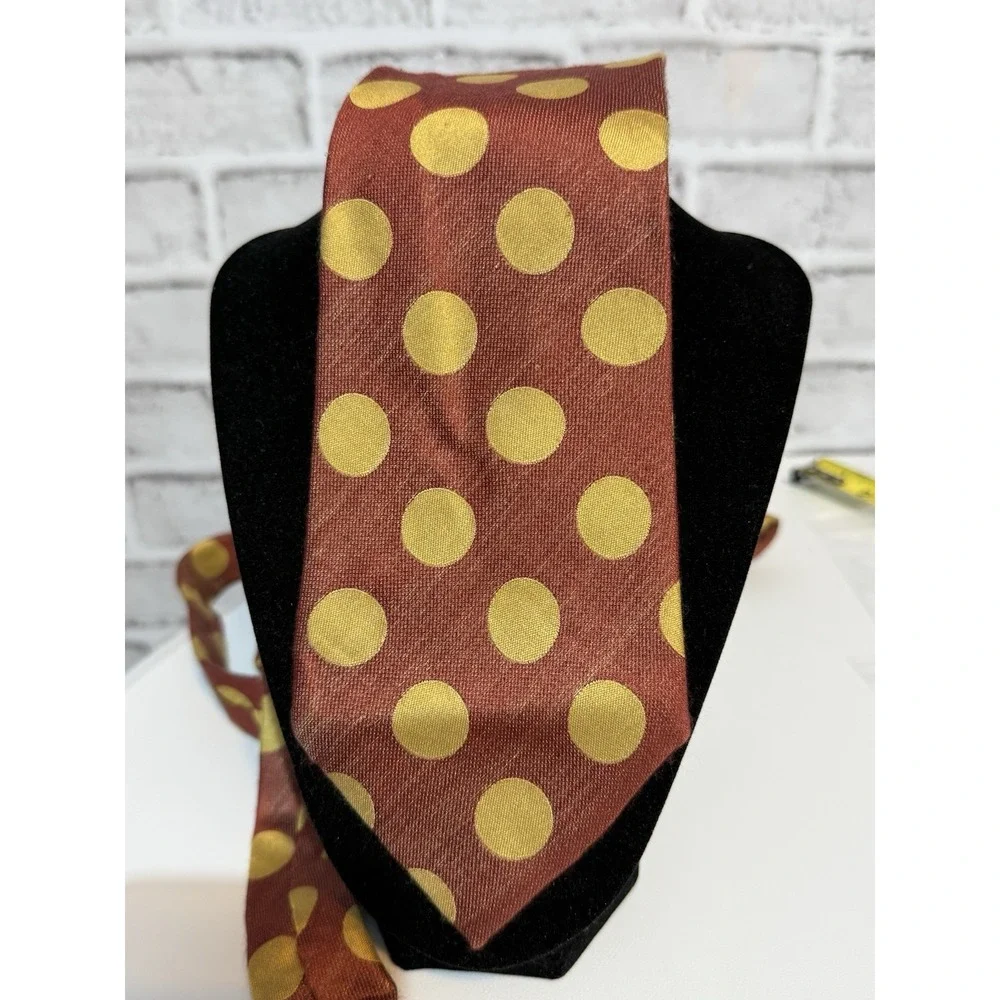 Vintage Fendi Cravatte Silk Necktie Brown Gold Polka Dot Made In Italy Tie